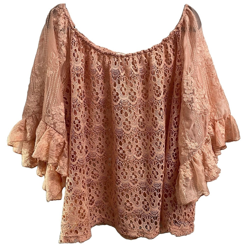 CATO Sheer Off Shoulder Floral Peasant Top Ruffle Sleeve Embroidery Peach 26/28